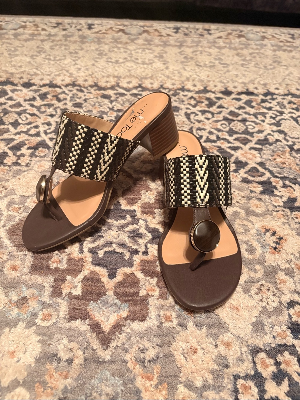 Unisa Brown and Black Woven Strap Block Heel Sandal